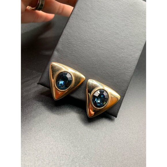 Navy Blue & Gold Tone Clip On Earrings Triangle Shaped Blue Glass Stones Signed - Picture 2 of 4